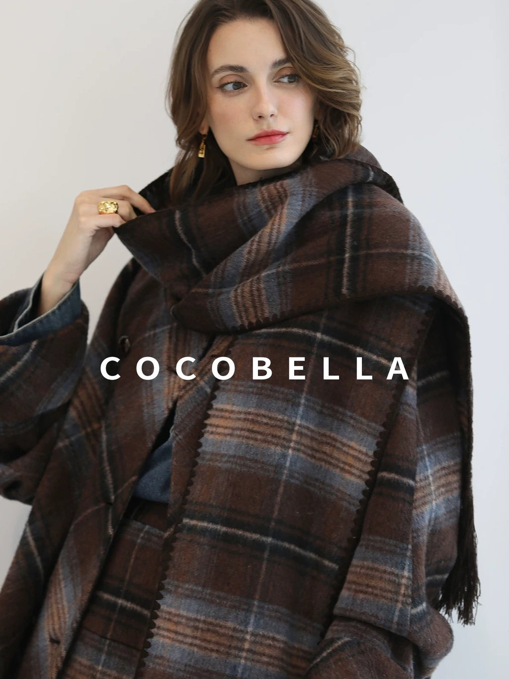 COCOBELLA Warm Wool Blend Midlength Loose Retro Double Breasted Plaid Fringe Button Coats