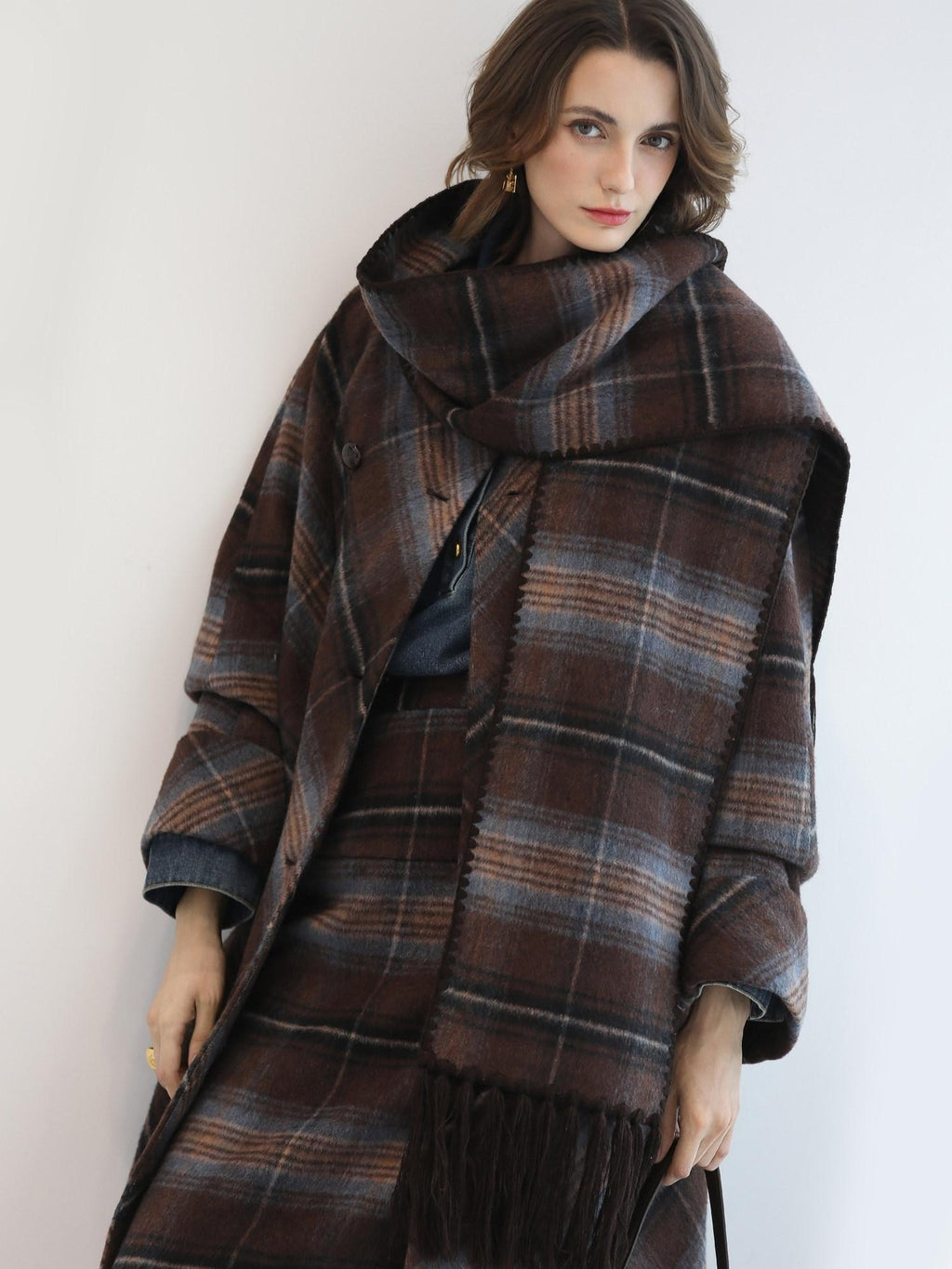 COCOBELLA Warm Wool Blend Midlength Loose Retro Double Breasted Plaid Fringe Button Coats