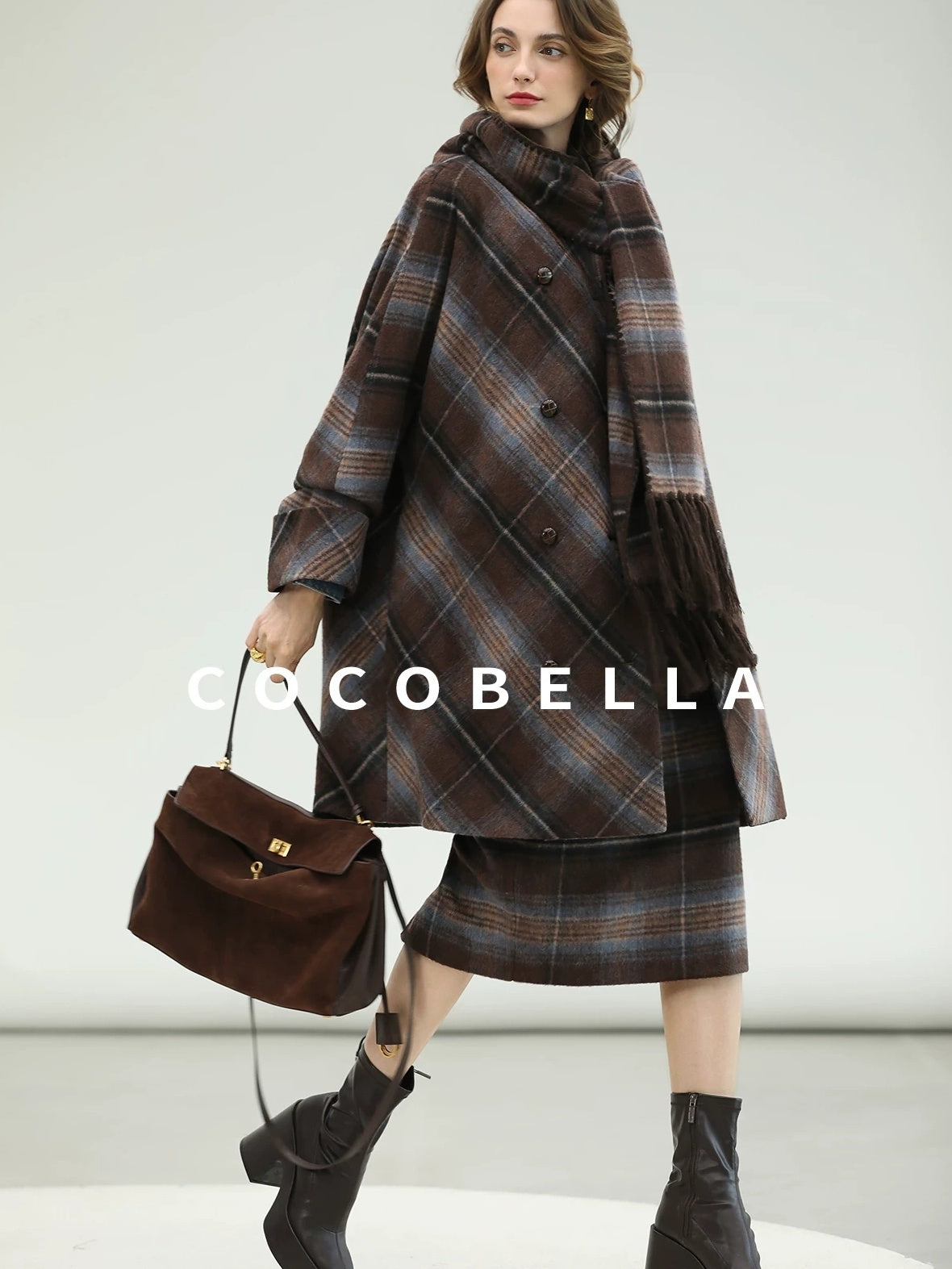 COCOBELLA Warm Wool Blend Midlength Loose Retro Double Breasted Plaid Fringe Button Coats