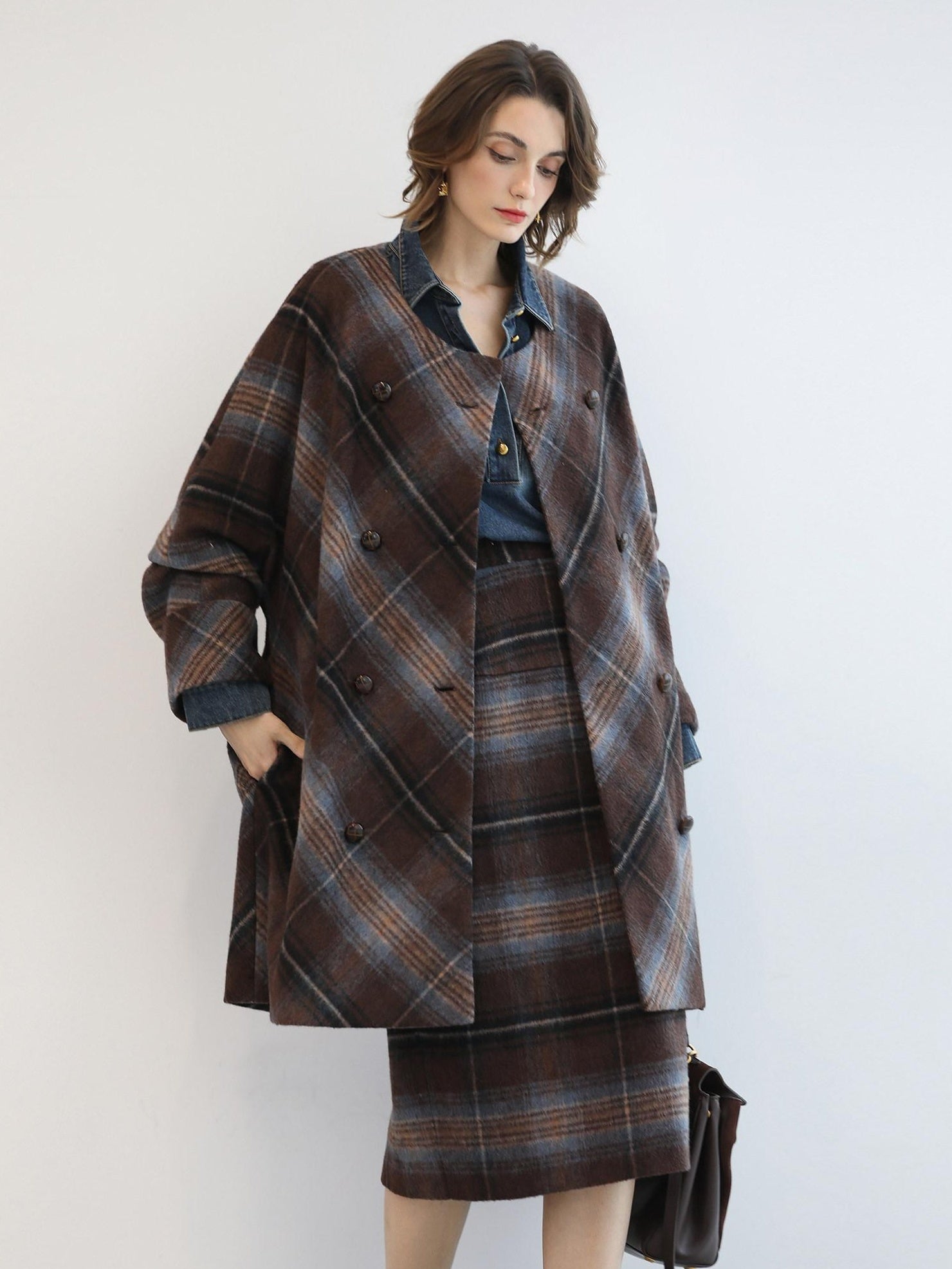 COCOBELLA Warm Wool Blend Midlength Loose Retro Double Breasted Plaid Fringe Button Coats