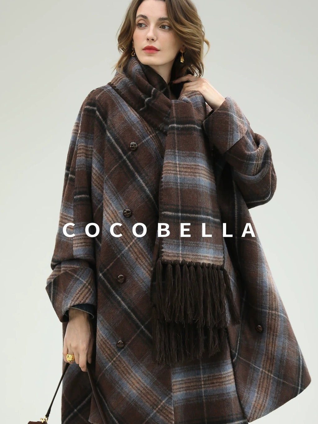 COCOBELLA Warm Wool Blend Midlength Loose Retro Double Breasted Plaid Fringe Button Coats