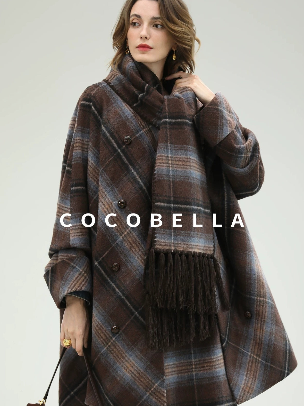 COCOBELLA Warm Wool Blend Midlength Loose Retro Double Breasted Plaid Fringe Button Coats