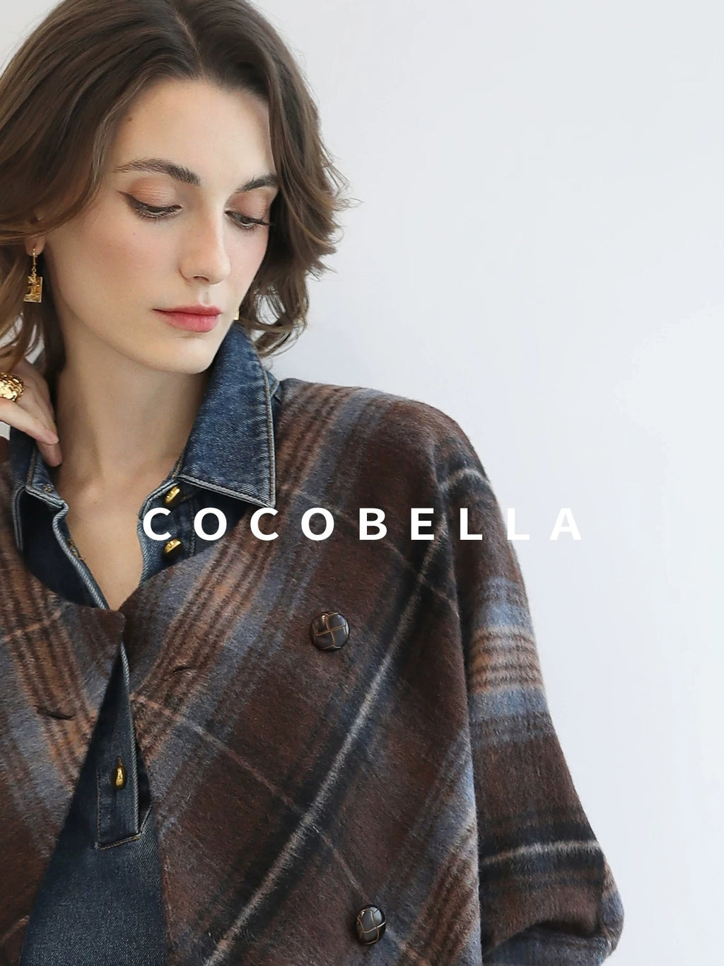 COCOBELLA Warm Wool Blend Midlength Loose Retro Double Breasted Plaid Fringe Button Coats