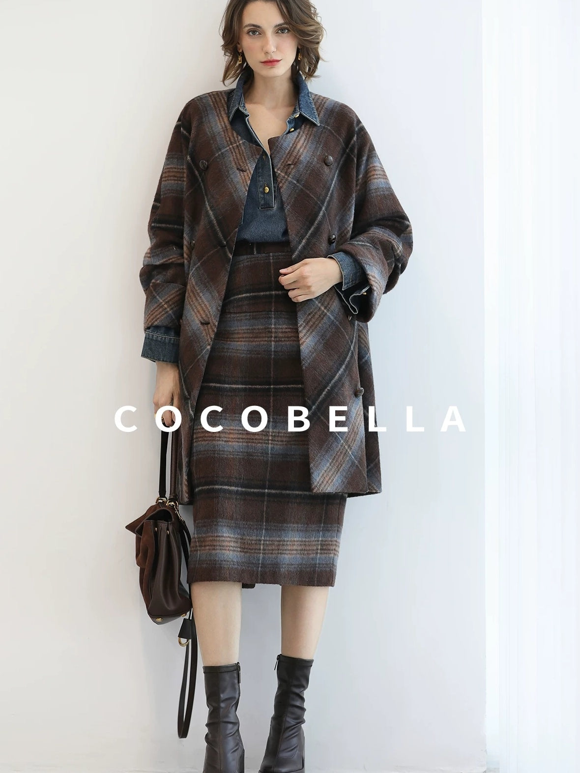 COCOBELLA Warm Wool Blend Midlength Loose Retro Double Breasted Plaid Fringe Button Coats