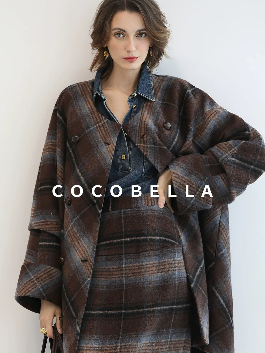 COCOBELLA Warm Wool Blend Midlength Loose Retro Double Breasted Plaid Fringe Button Coats