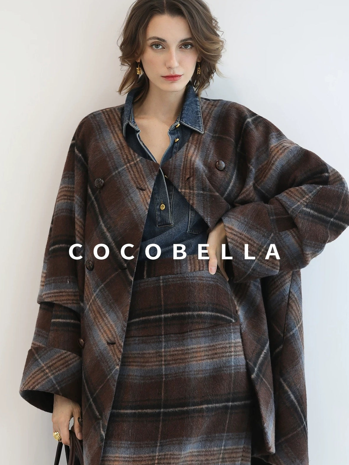 COCOBELLA Warm Wool Blend Midlength Loose Retro Double Breasted Plaid Fringe Button Coats