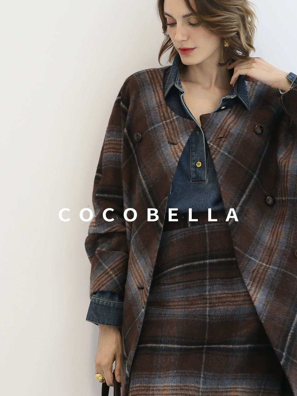 COCOBELLA Warm Wool Blend Midlength Loose Retro Double Breasted Plaid Fringe Button Coats
