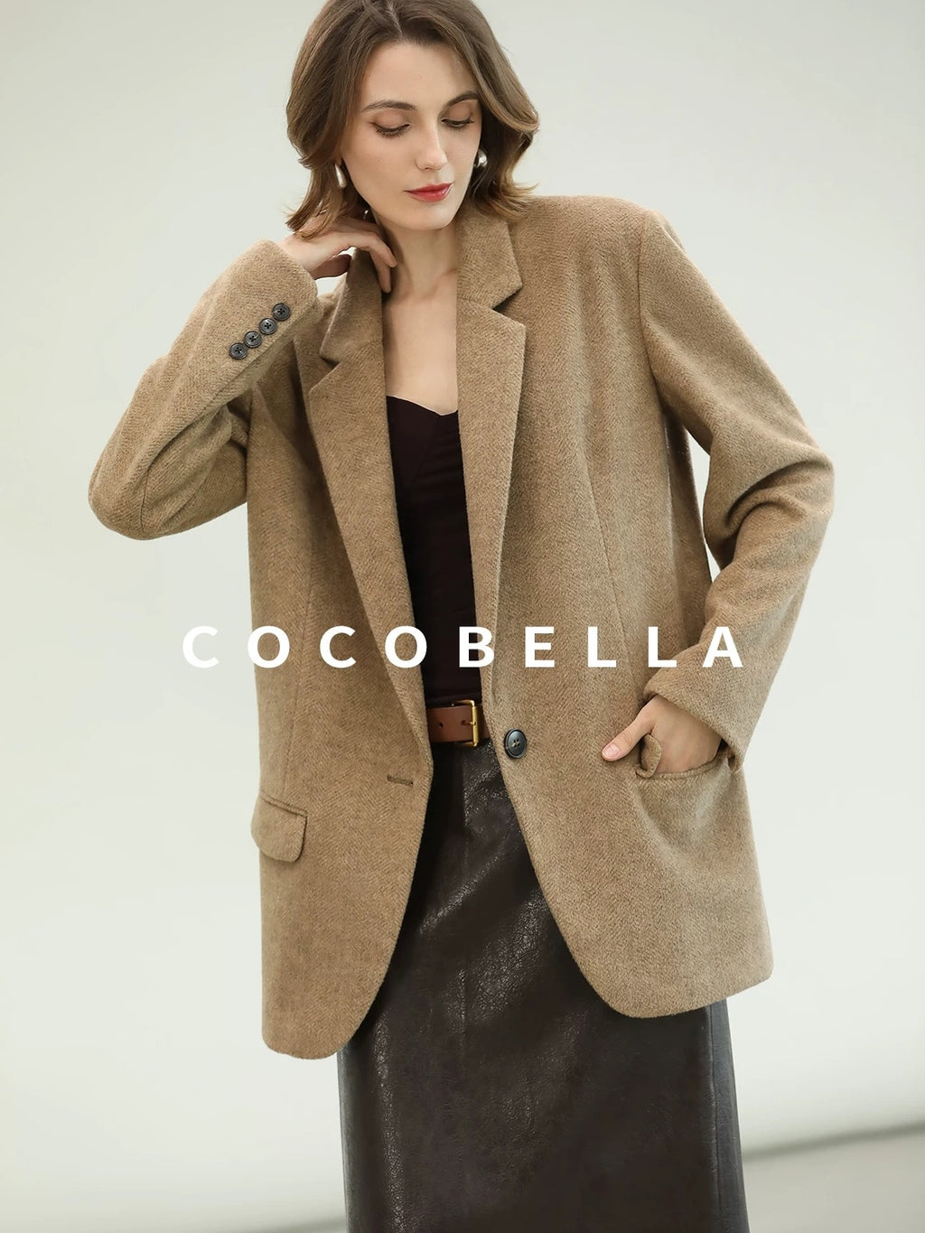 COCOBELLA Warm Wool Blend Office Relaxed Fit Single Button Flap Pockets Women Blazers