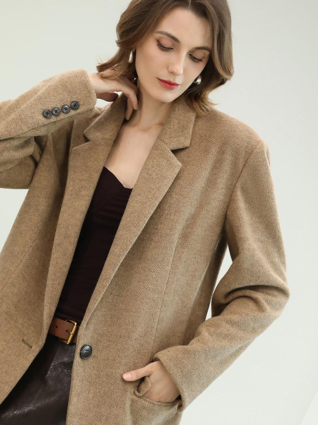 COCOBELLA Warm Wool Blend Office Relaxed Fit Single Button Flap Pockets Women Blazers