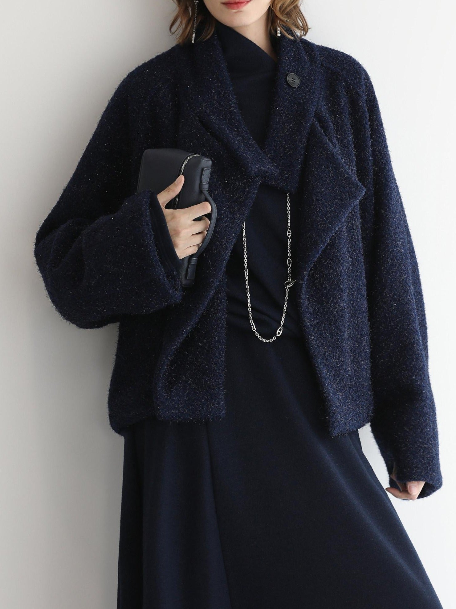 COCOBELLA Warm Wool Blend Shimmer Cropped Straight Office Style Navy Coats