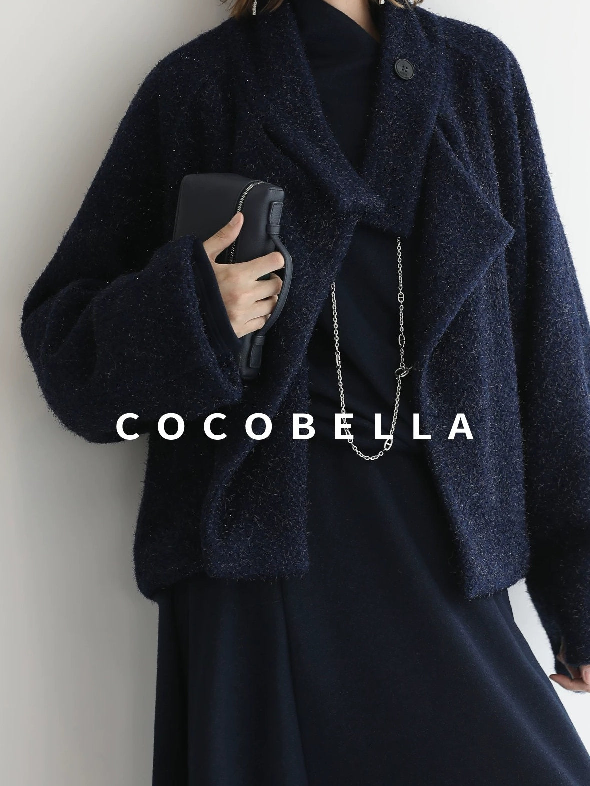 COCOBELLA Warm Wool Blend Shimmer Cropped Straight Office Style Navy Coats