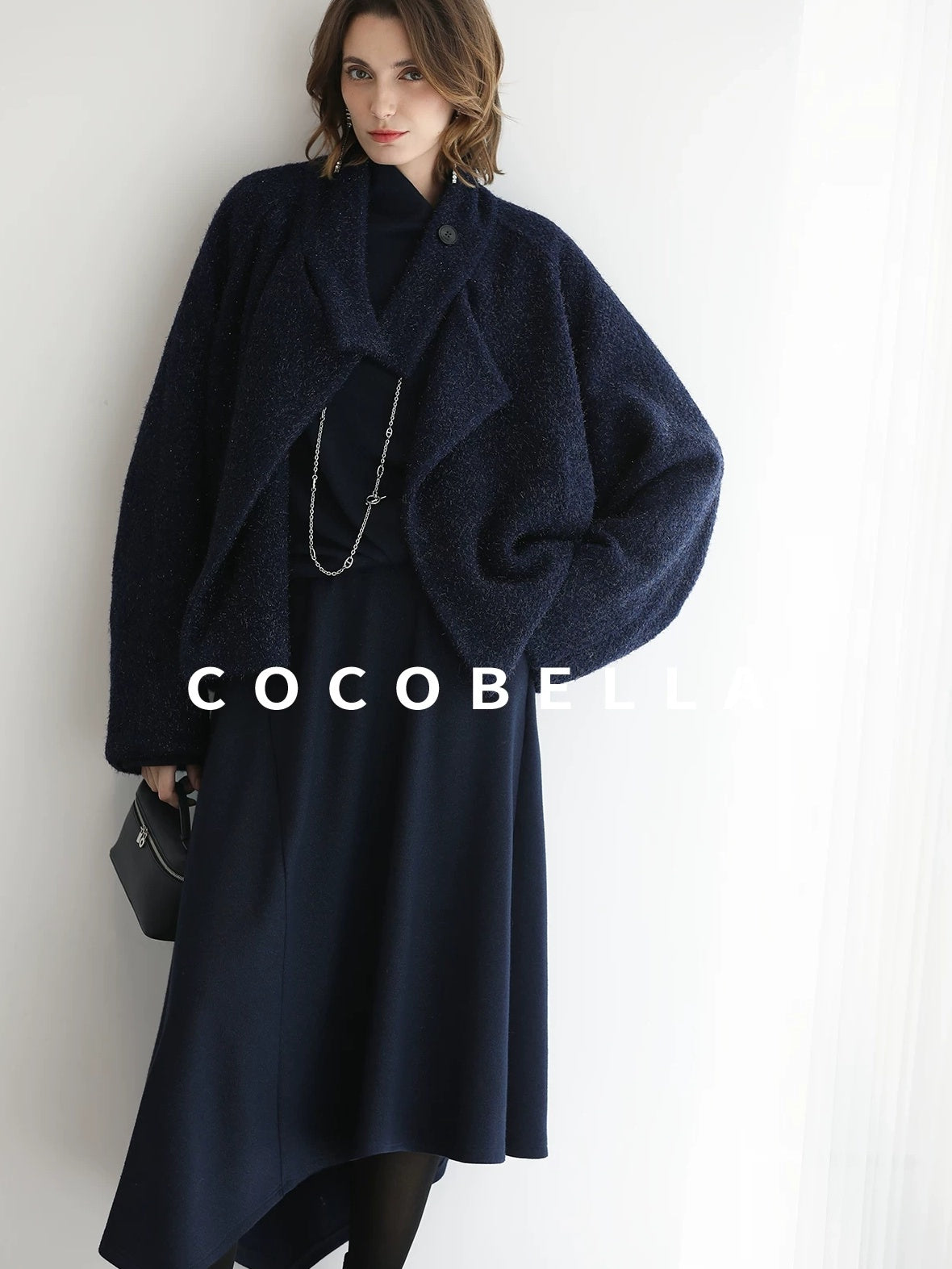 COCOBELLA Warm Wool Blend Shimmer Cropped Straight Office Style Navy Coats