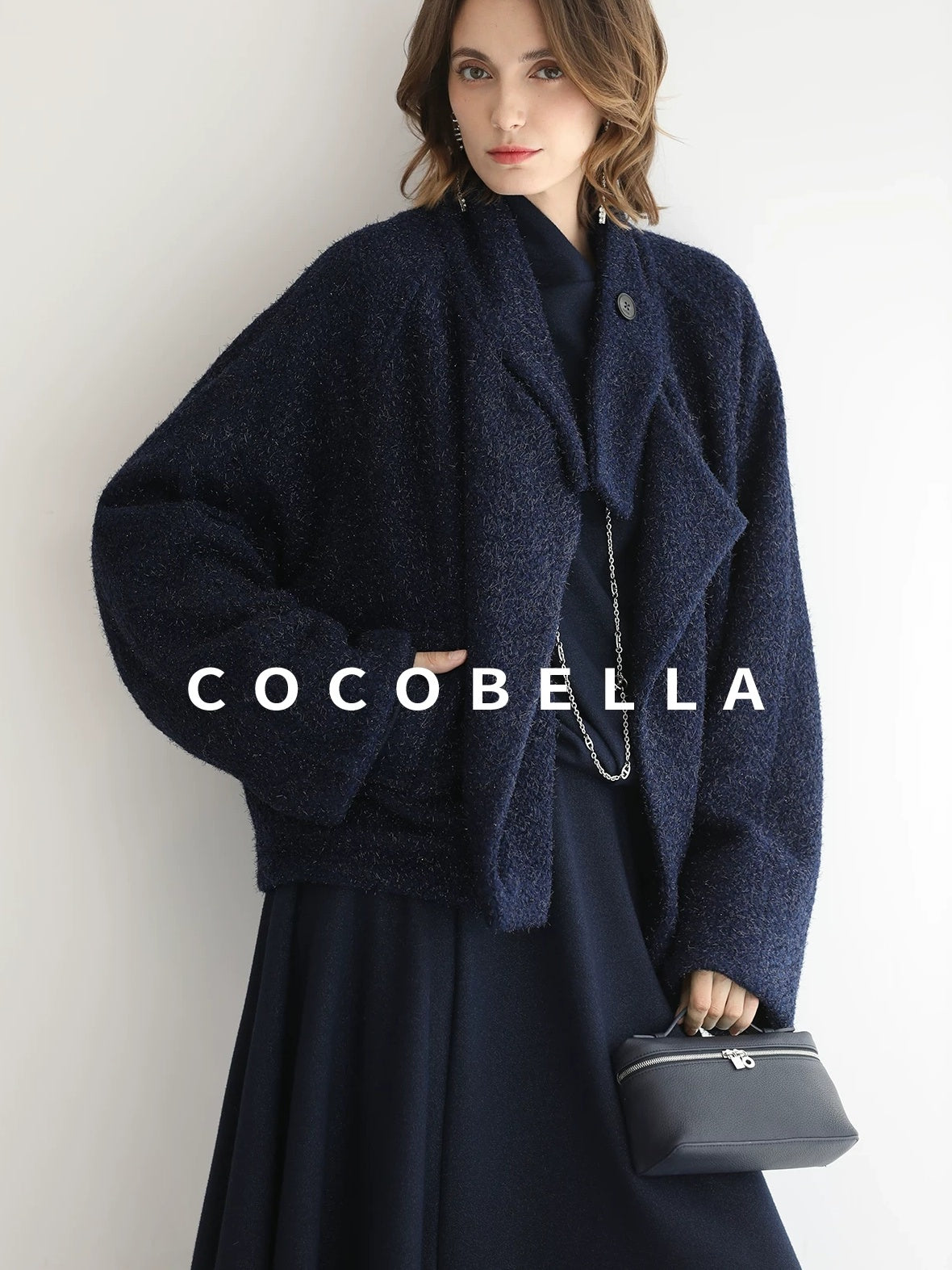 COCOBELLA Warm Wool Blend Shimmer Cropped Straight Office Style Navy Coats