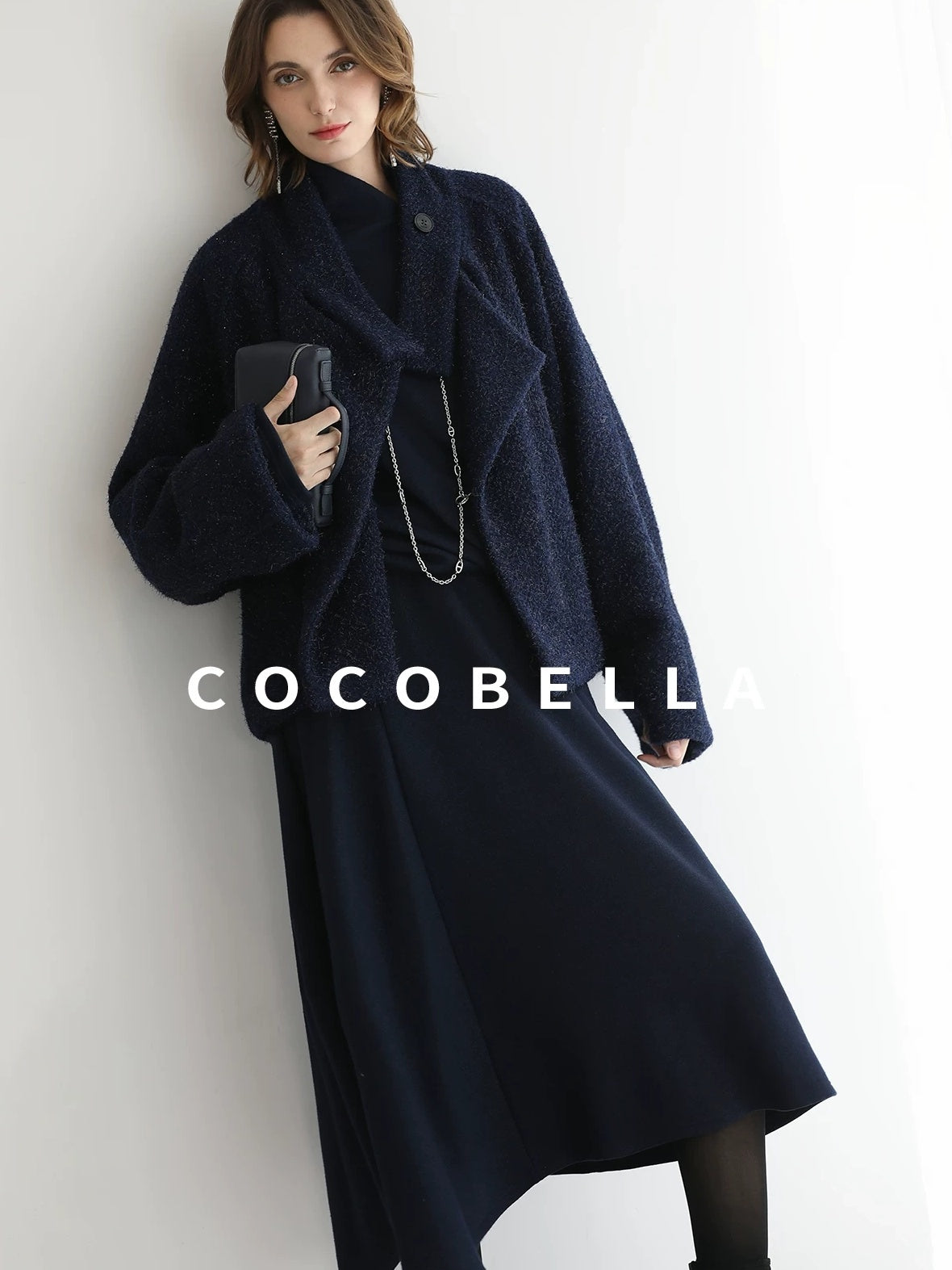 COCOBELLA Warm Wool Blend Shimmer Cropped Straight Office Style Navy Coats
