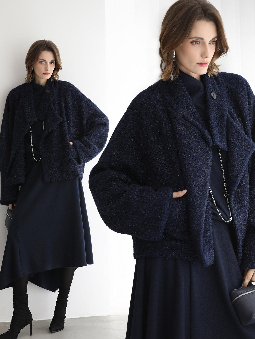 COCOBELLA Warm Wool Blend Shimmer Cropped Straight Office Style Navy Coats