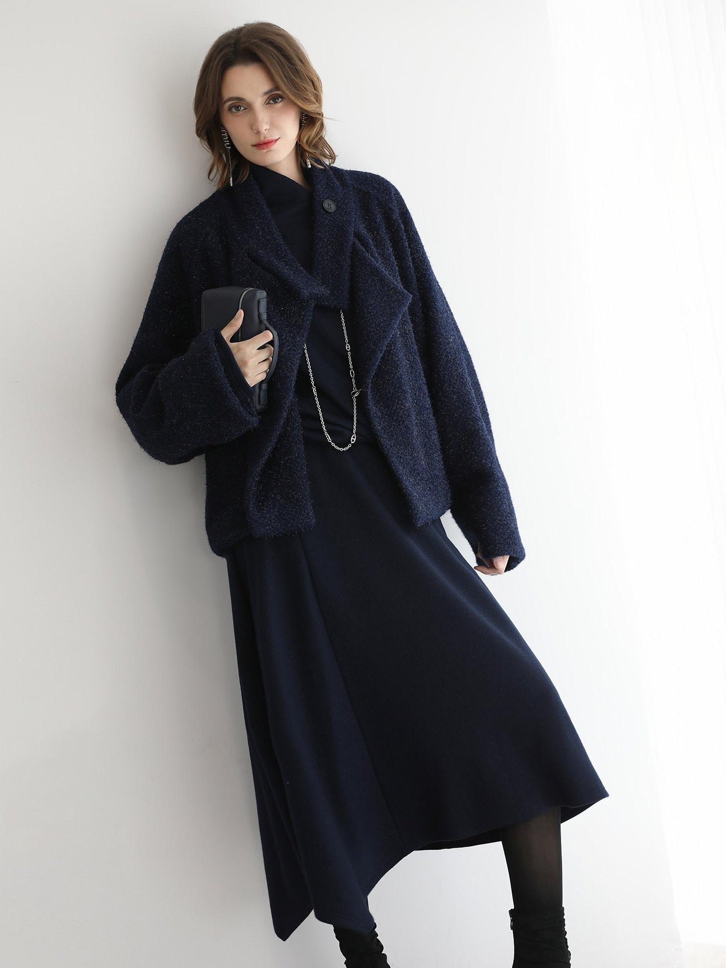 COCOBELLA Warm Wool Blend Shimmer Cropped Straight Office Style Navy Coats