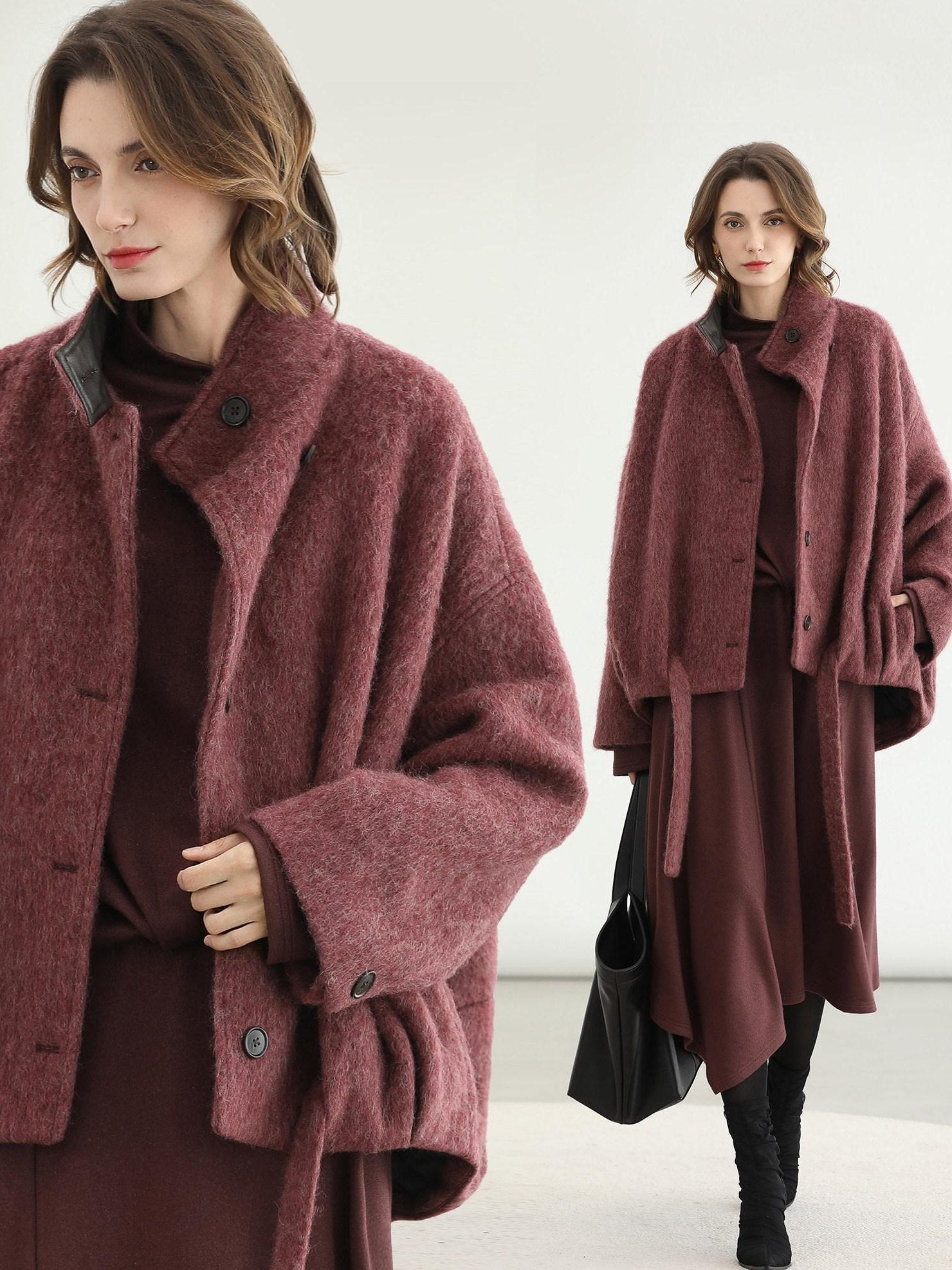 COCOBELLA Warm Wool Blend Stand Collar Belted Buttoned Loose Ol Women Berry Red Jackets