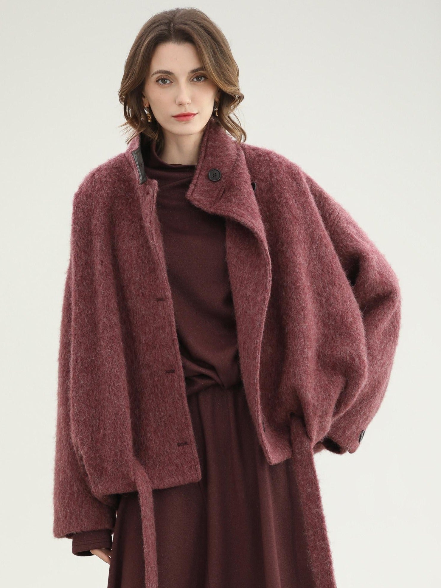 COCOBELLA Warm Wool Blend Stand Collar Belted Buttoned Loose Ol Women Berry Red Jackets