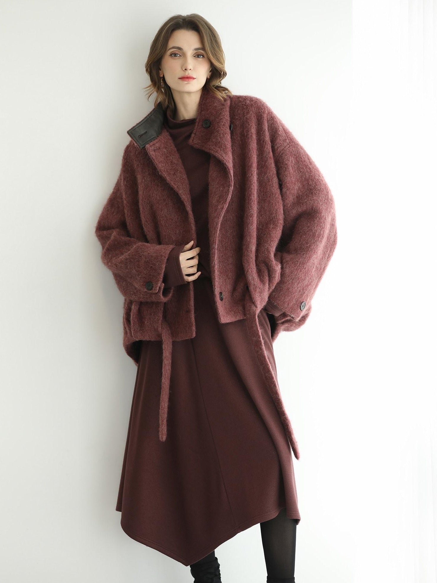 COCOBELLA Warm Wool Blend Stand Collar Belted Buttoned Loose Ol Women Berry Red Jackets