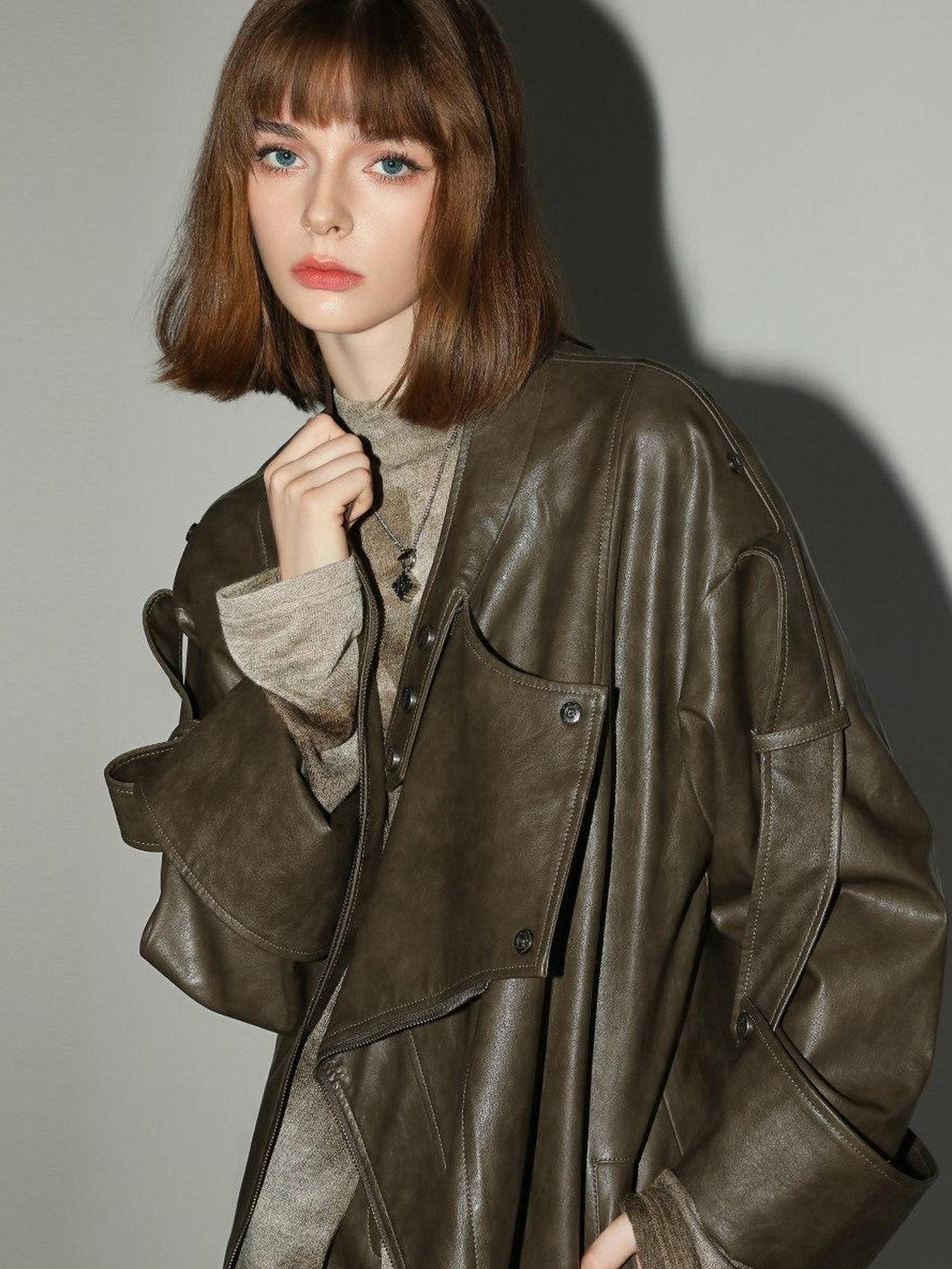 COCOBELLA Washed Distressed Pu Oversized Street Long Sleeve Brown Leather Jackets