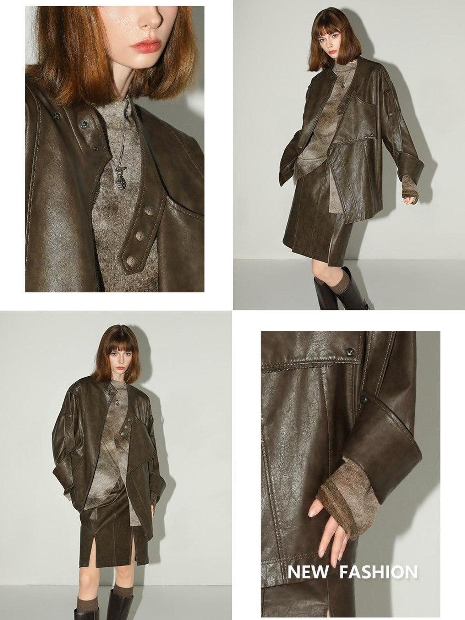 COCOBELLA Washed Distressed Pu Oversized Street Long Sleeve Brown Leather Jackets