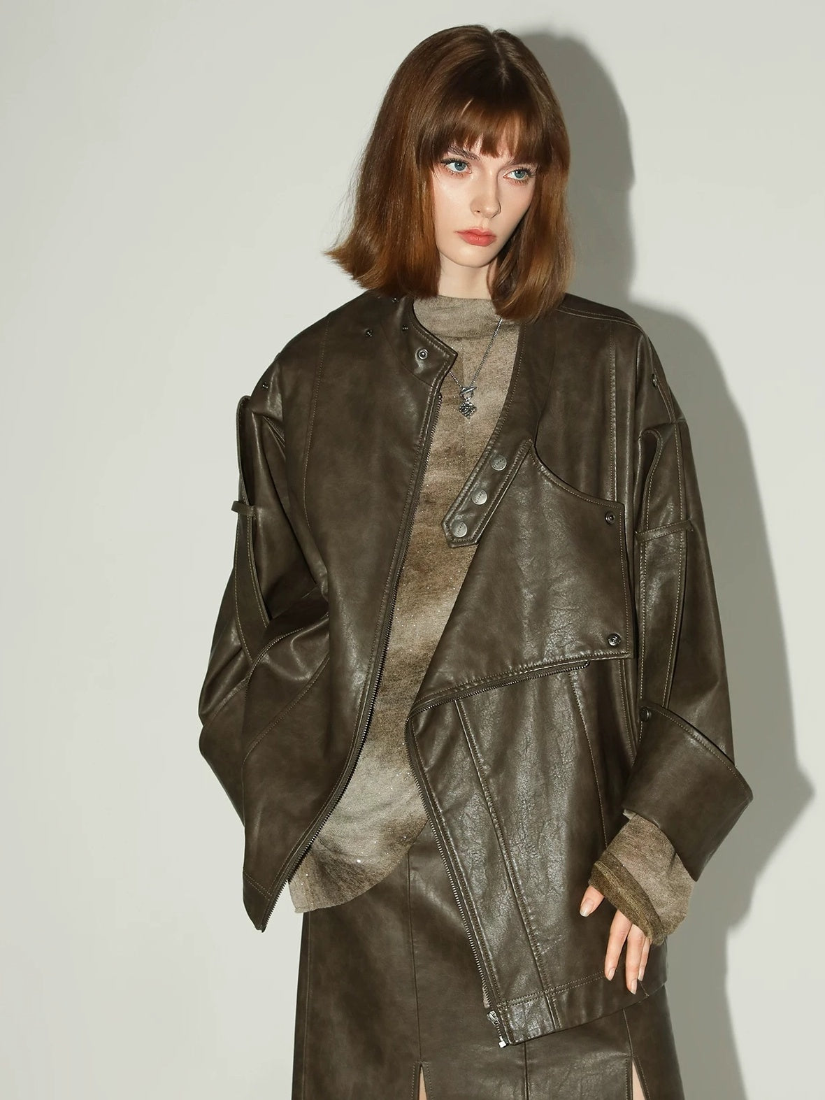 COCOBELLA Washed Distressed Pu Oversized Street Long Sleeve Brown Leather Jackets