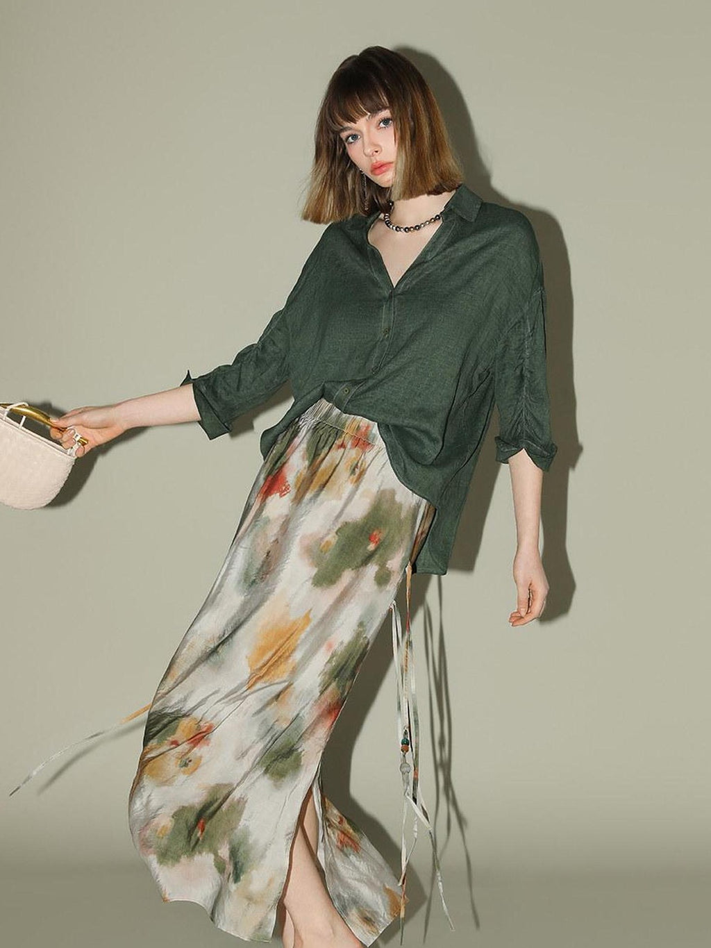 COCOBELLA Watercolor Print 3D Embellished Chinese A Line Mid Waist Viscose Skirts