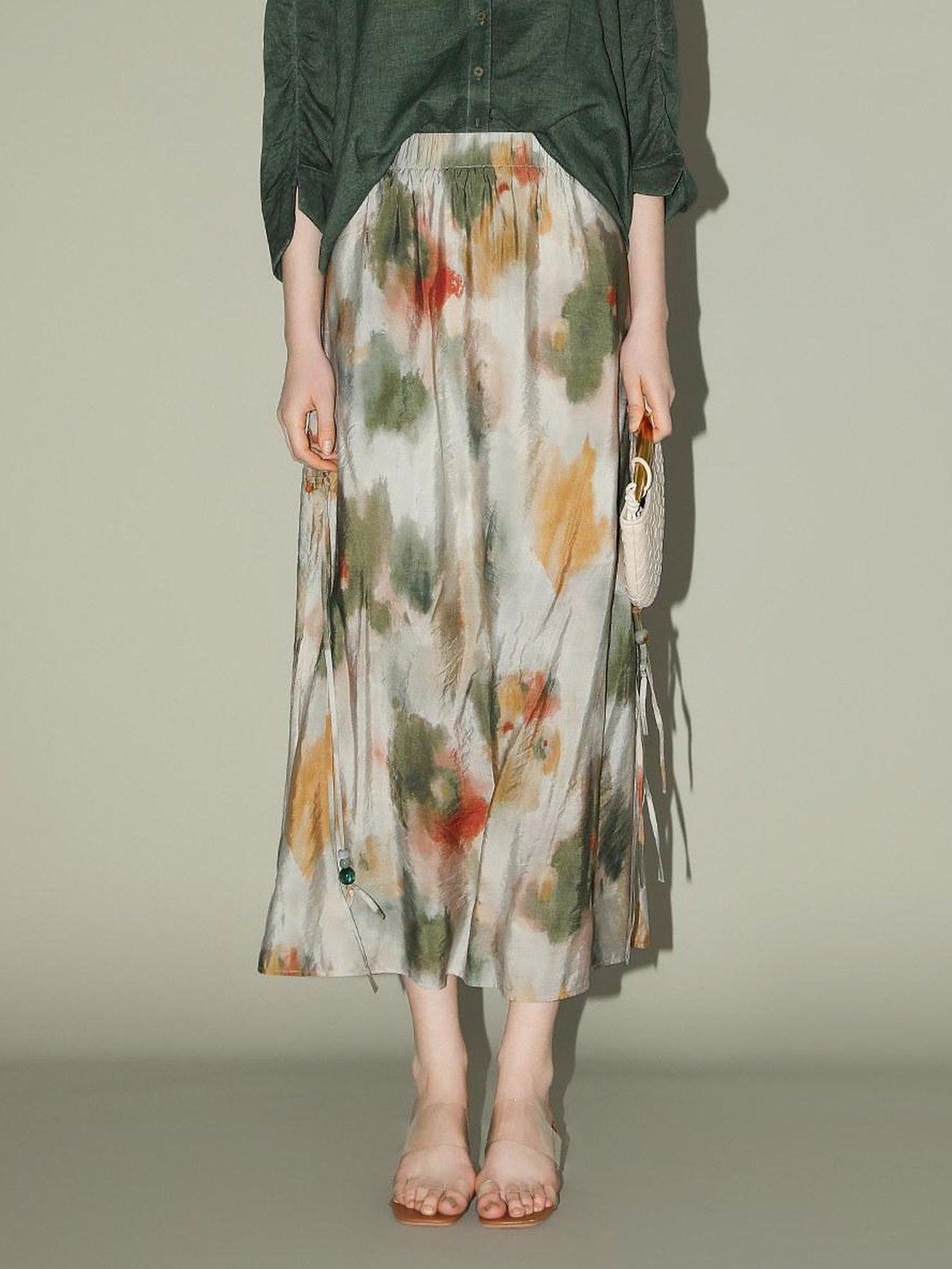 COCOBELLA Watercolor Print 3D Embellished Chinese A Line Mid Waist Viscose Skirts