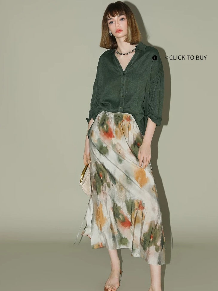 COCOBELLA Watercolor Print 3D Embellished Chinese A Line Mid Waist Viscose Skirts