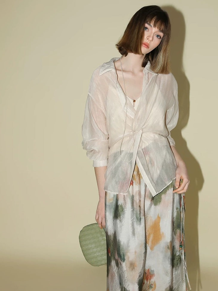 COCOBELLA Watercolor Print 3D Embellished Chinese A Line Mid Waist Viscose Skirts