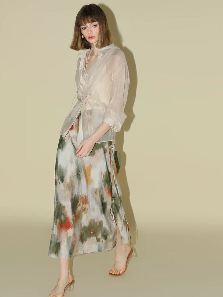 COCOBELLA Watercolor Print 3D Embellished Chinese A Line Mid Waist Viscose Skirts