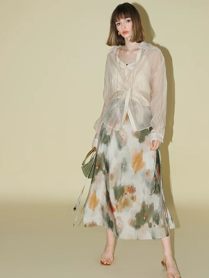 COCOBELLA Watercolor Print 3D Embellished Chinese A Line Mid Waist Viscose Skirts