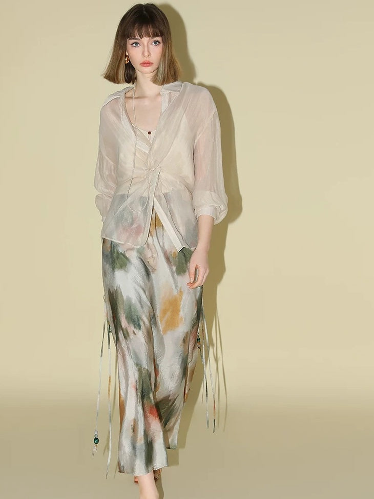 COCOBELLA Watercolor Print 3D Embellished Chinese A Line Mid Waist Viscose Skirts