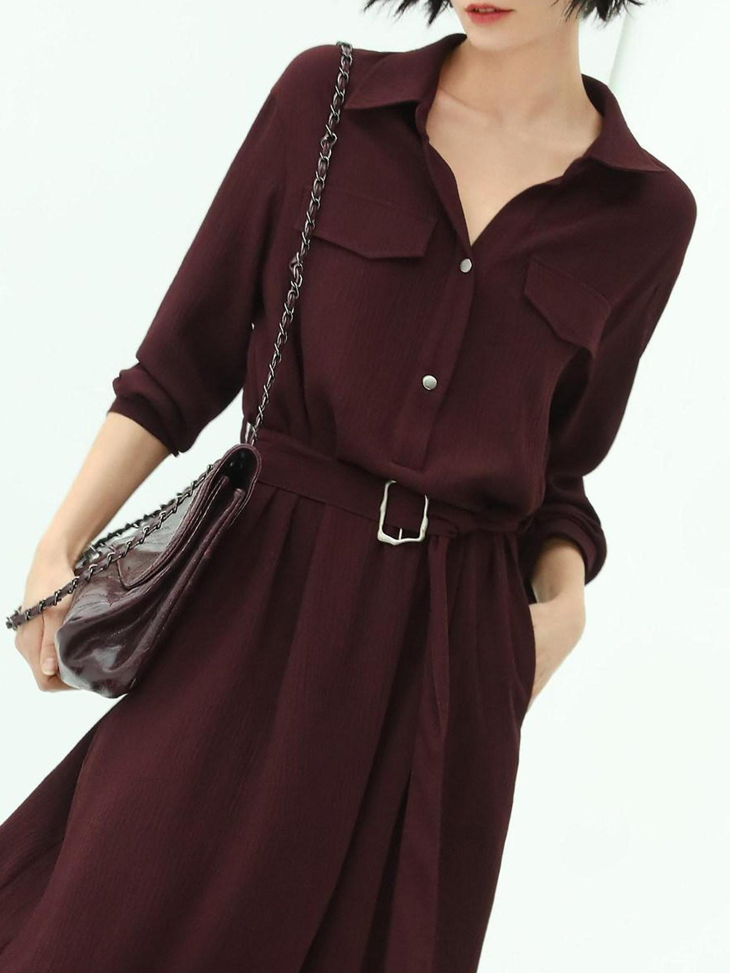 COCOBELLA Wine Red Belted Long Sleeve Polo Collar H Line Casual Shirt Dress Shirts