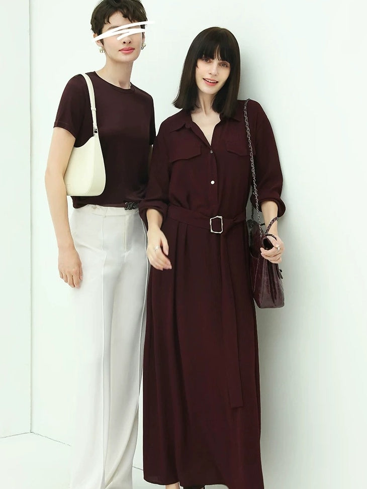 COCOBELLA Wine Red Belted Long Sleeve Polo Collar H Line Casual Shirt Dress Shirts