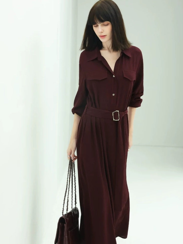 COCOBELLA Wine Red Belted Long Sleeve Polo Collar H Line Casual Shirt Dress Shirts