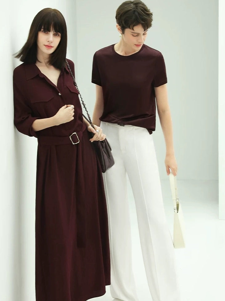 COCOBELLA Wine Red Belted Long Sleeve Polo Collar H Line Casual Shirt Dress Shirts