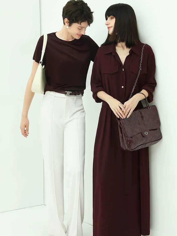 COCOBELLA Wine Red Belted Long Sleeve Polo Collar H Line Casual Shirt Dress Shirts