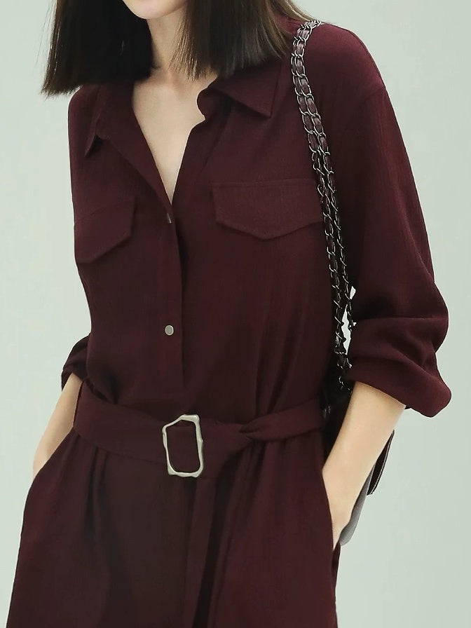 COCOBELLA Wine Red Belted Long Sleeve Polo Collar H Line Casual Shirt Dress Shirts