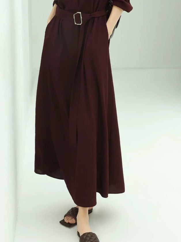 COCOBELLA Wine Red Belted Long Sleeve Polo Collar H Line Casual Shirt Dress Shirts