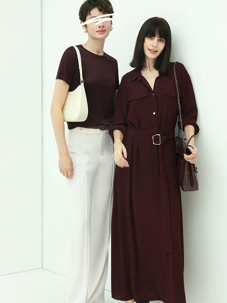 COCOBELLA Wine Red Belted Long Sleeve Polo Collar H Line Casual Shirt Dress Shirts