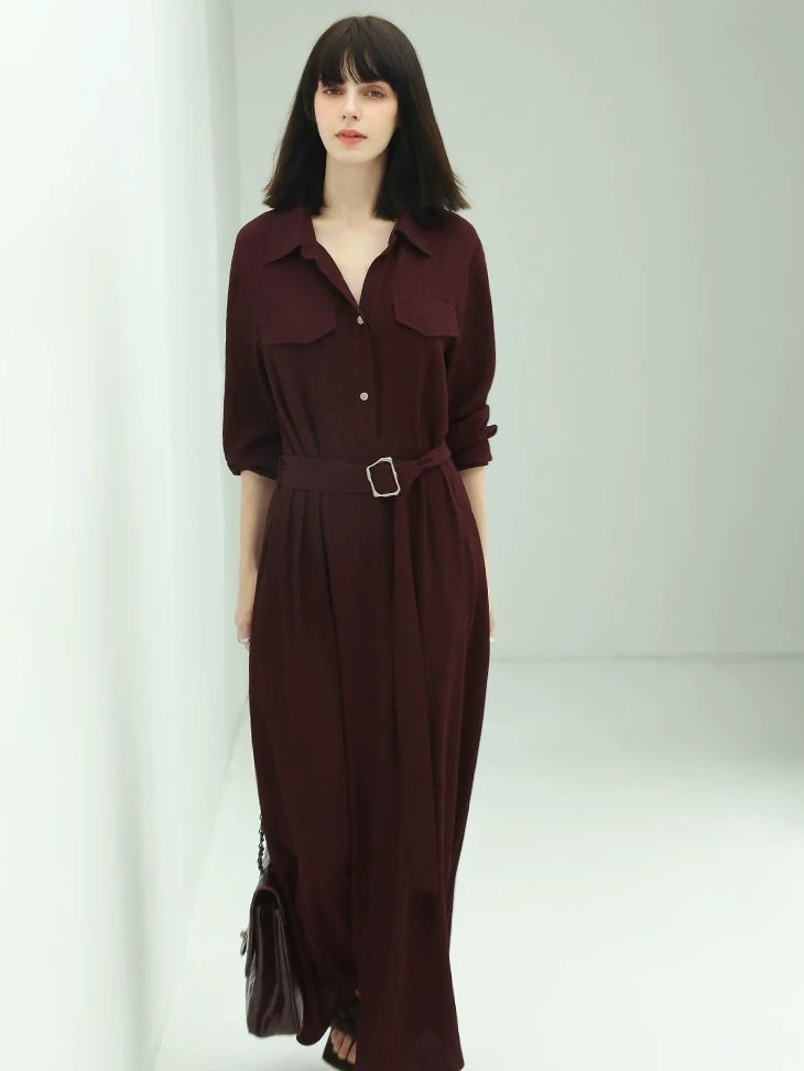 COCOBELLA Wine Red Belted Long Sleeve Polo Collar H Line Casual Shirt Dress Shirts