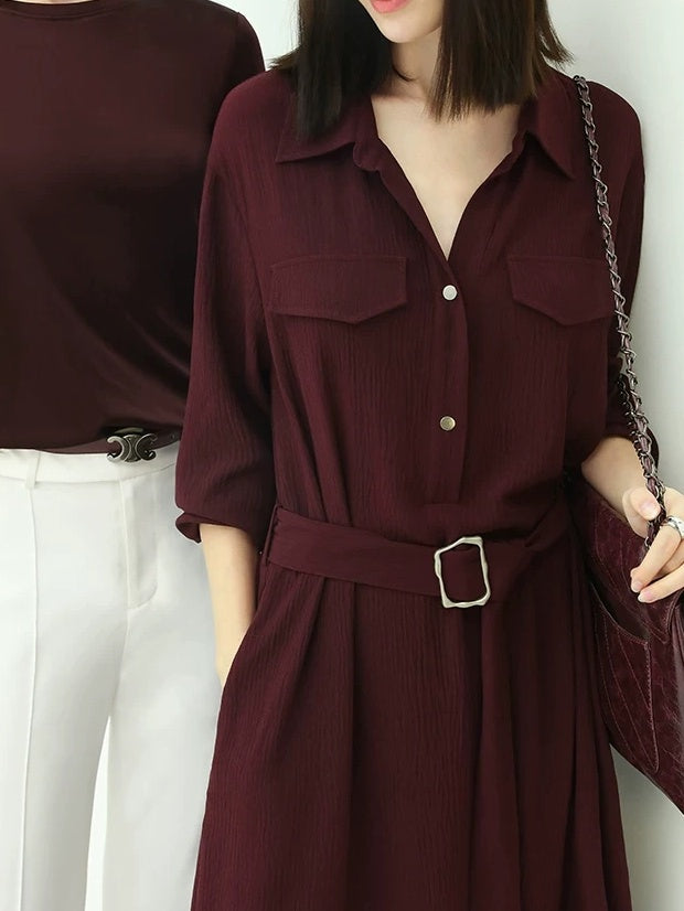 COCOBELLA Wine Red Belted Long Sleeve Polo Collar H Line Casual Shirt Dress Shirts