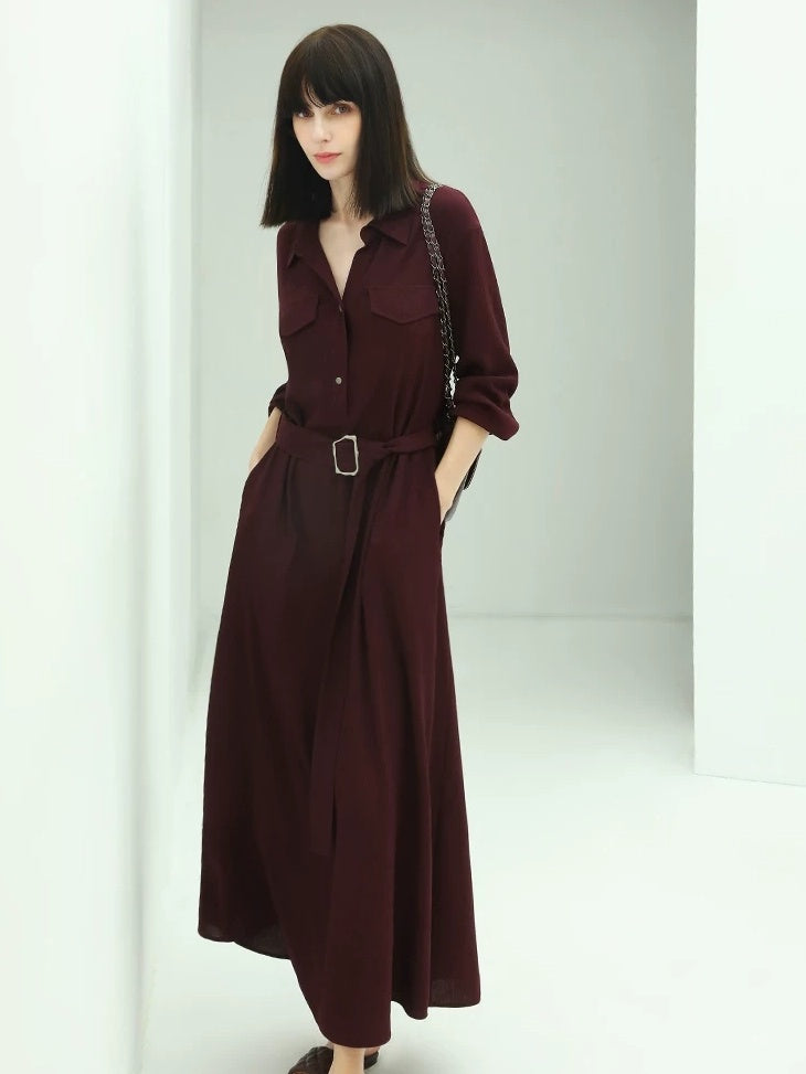 COCOBELLA Wine Red Belted Long Sleeve Polo Collar H Line Casual Shirt Dress Shirts