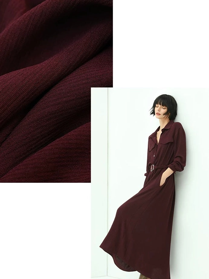 COCOBELLA Wine Red Belted Long Sleeve Polo Collar H Line Casual Shirt Dress Shirts