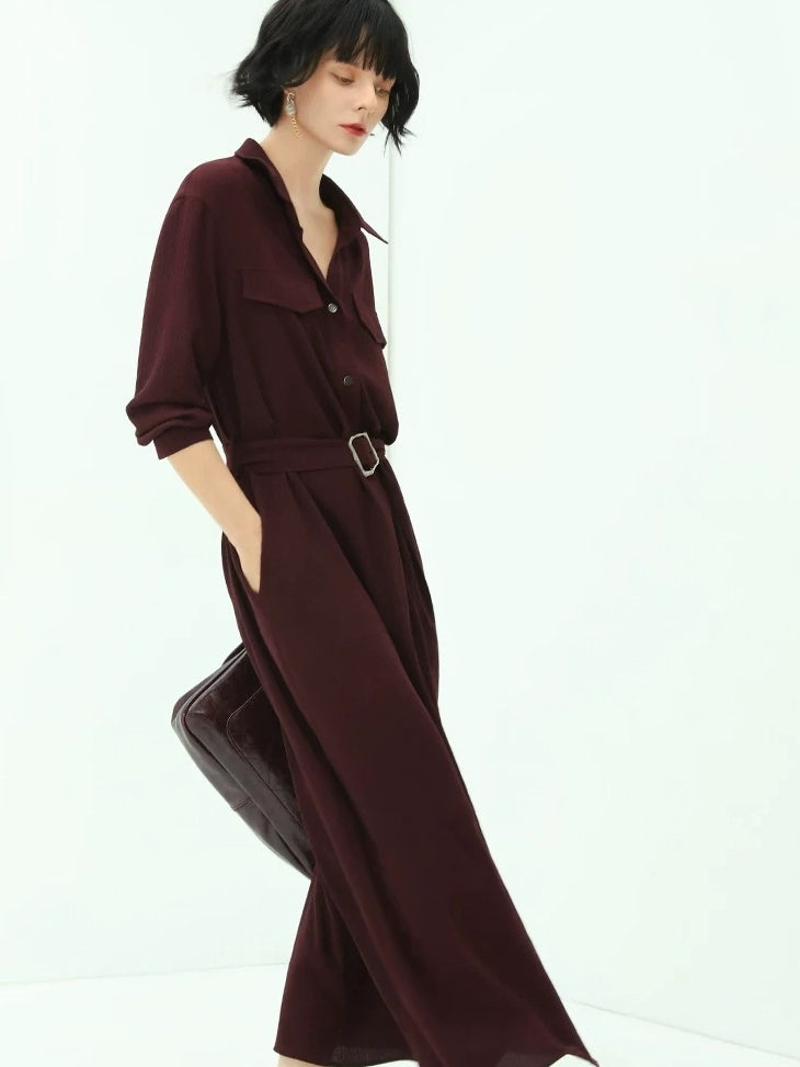 COCOBELLA Wine Red Belted Long Sleeve Polo Collar H Line Casual Shirt Dress Shirts