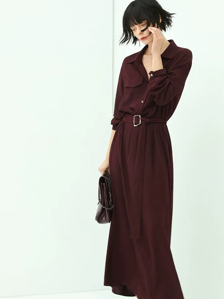 COCOBELLA Wine Red Belted Long Sleeve Polo Collar H Line Casual Shirt Dress Shirts