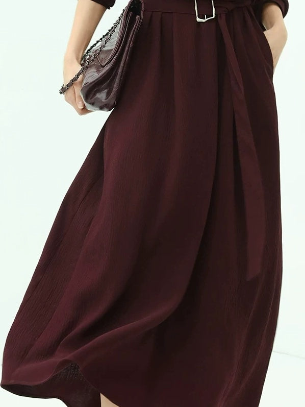 COCOBELLA Wine Red Belted Long Sleeve Polo Collar H Line Casual Shirt Dress Shirts