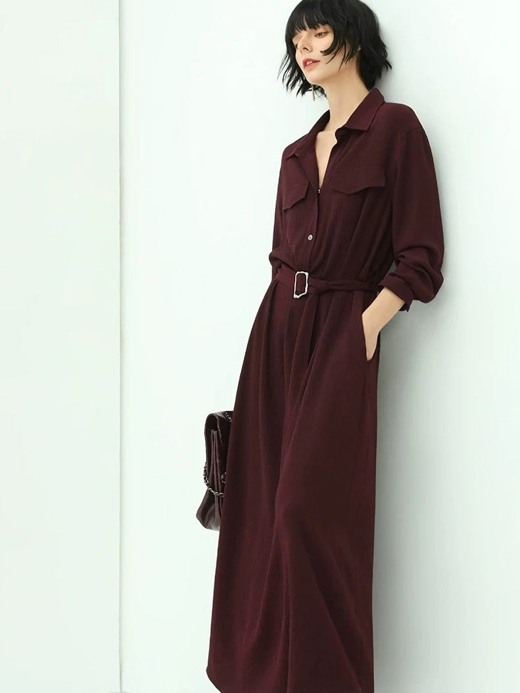 COCOBELLA Wine Red Belted Long Sleeve Polo Collar H Line Casual Shirt Dress Shirts