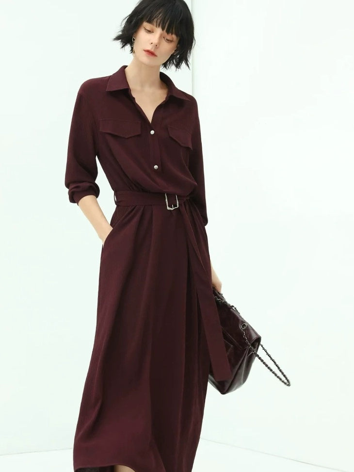 COCOBELLA Wine Red Belted Long Sleeve Polo Collar H Line Casual Shirt Dress Shirts